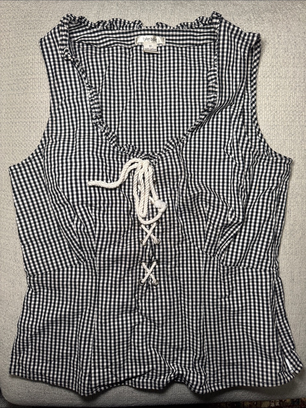 Black & White Gingham Lace-Up Corset Sleeveless Top Size 10 Nautical 100% Cotton